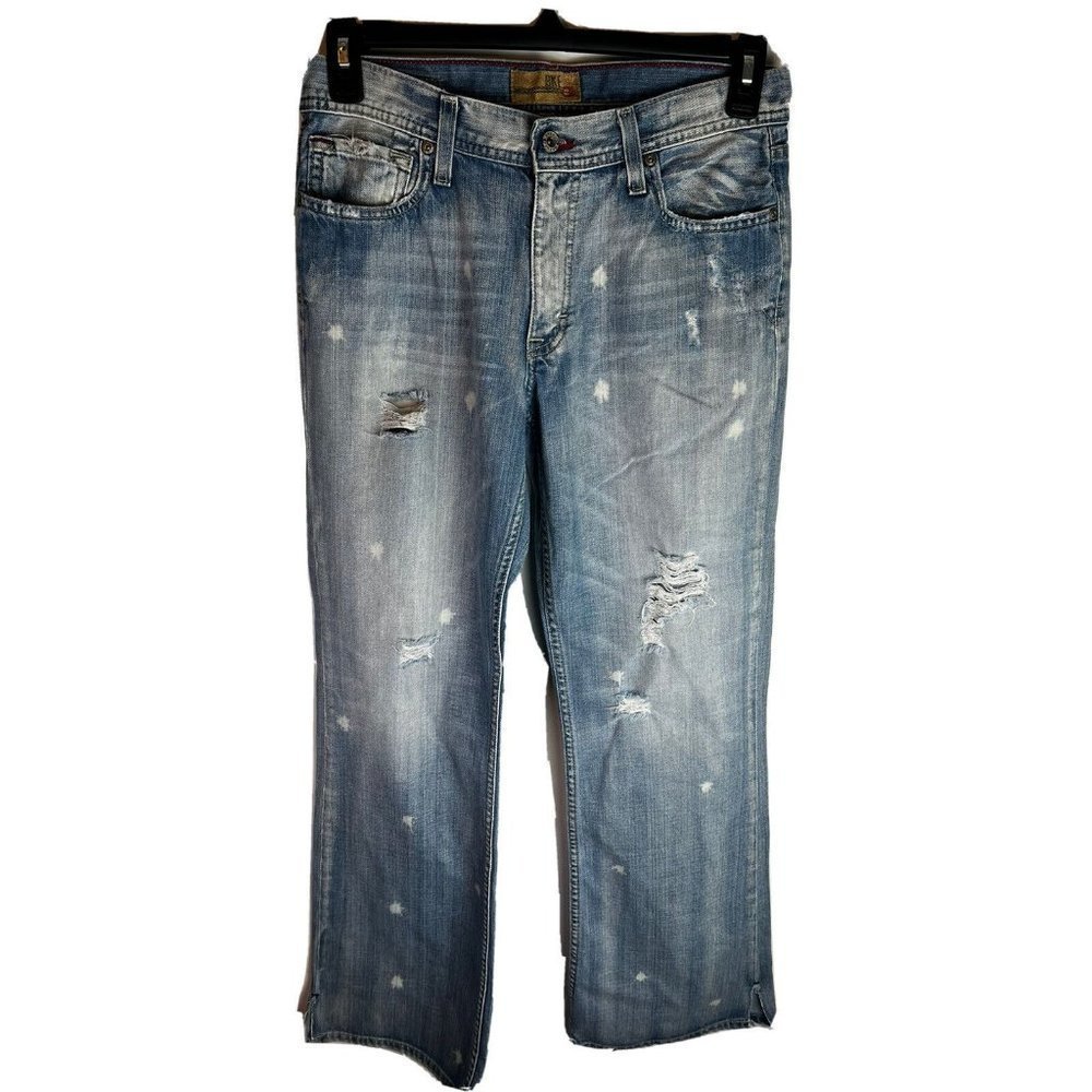 Buckle BKE Denim men’s Jaxon‎ Distressed bootcut size 32 Long bleach splattered